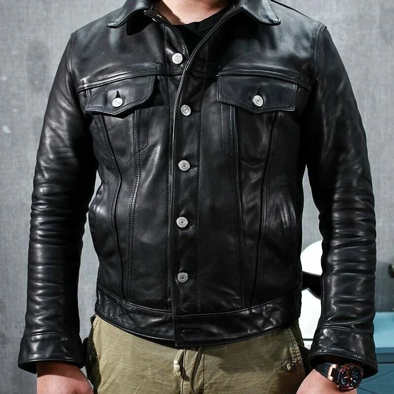 Men's Real Leather Trucker Jacket Western Denim Button Style Black Coat - 106