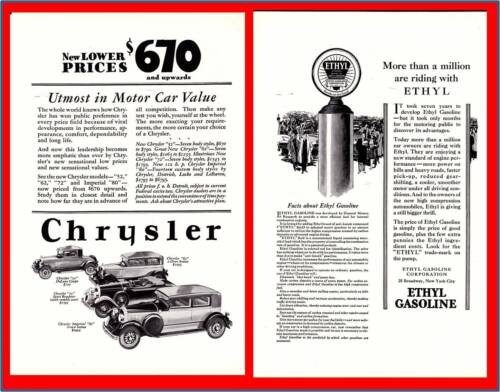 1928 Chrysler 52 Deluxe 62 Sedan 72 Roadster 80 Imperial Ethyl Gasoline Print Ad