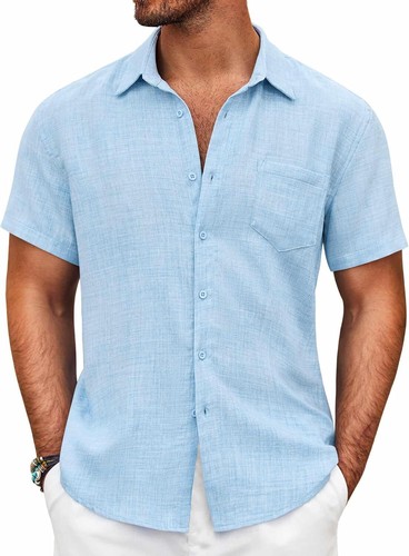 Men's Short Sleeve Button-Down Shirt, Casual Textured Beach Shirt with Pocket - Picture 39 of 57