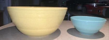Stoneware Yellow & Green Speckled Nesting Mixing Serving Bowls McCoy?USA Vintage