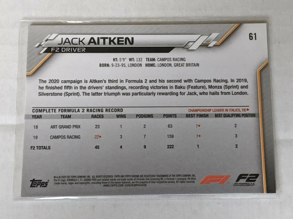 2020 Topps Chrome Formula 1 #61 Jack Aitken Campos Racing Future Stars - Image 2 of 2