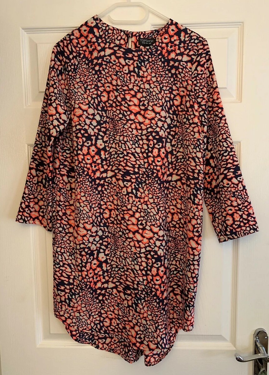 Topshop Neon Pink Navy Animal Print Light Weight Shift Dress Size