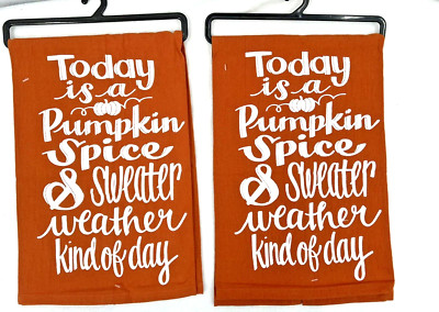 Pumpkin Spice Set Of 2-Kitchen Printed Towel Cotton Flour Fall Season Script NEW