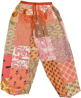 Orange Patchwork Harem Pants, Boho Hippie Harem Pants, Wide Leg Bohemian Pant