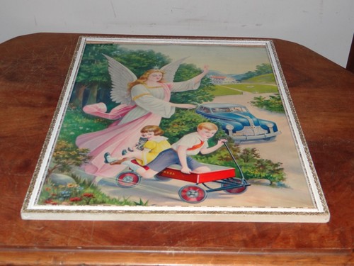 Vintage 1950's Guardian Angel & Kids in Wagon Framed Art Print Car Poster - Picture 3 of 10
