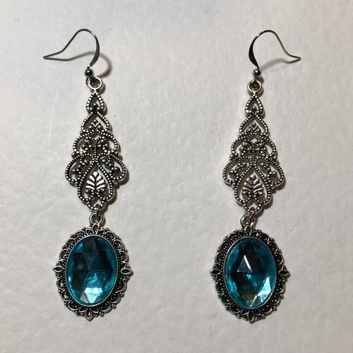 PENDIENTES JOYADOS FILIGRANA ESTILO VICTORIANO TURQUESA CRISTAL PLATA PL PLATA - Imagen 3 de 7