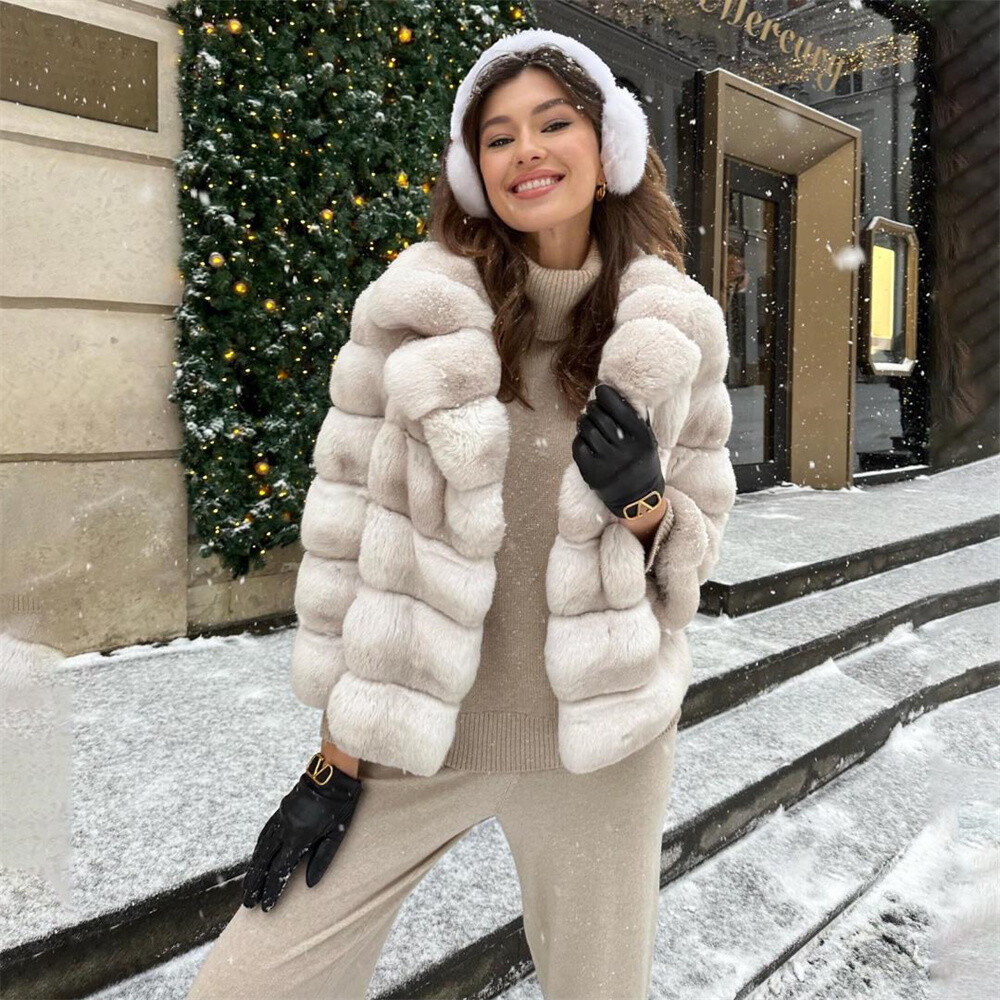 Elegant Women Genuine Rex Rabbit Fur Coats Winter Chinchilla Fur