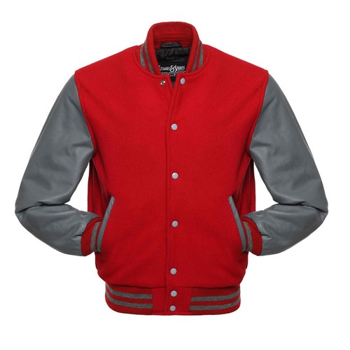 Stewart & Strauss Scarlet Red Wool & Grey Leather Varsity Letterman Jacket New - Picture 2 of 6