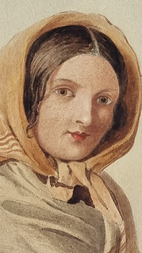 Contadinella che raccoglie fiori, dipinto acquerello inglese epoca Ottocento - Foto 5 di 15