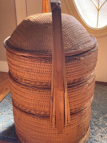 VINTAGE Antique Chinese Wedding Basket, 3 Tier, RARE Woven Wicker & Bamboo Cane - Picture 3 of 12