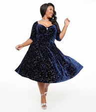 UNIQUE VINTAGE 1950S NAVY & SILVER STAR VELVET LAMAR SWING DRESS - SIZE MEDIUM