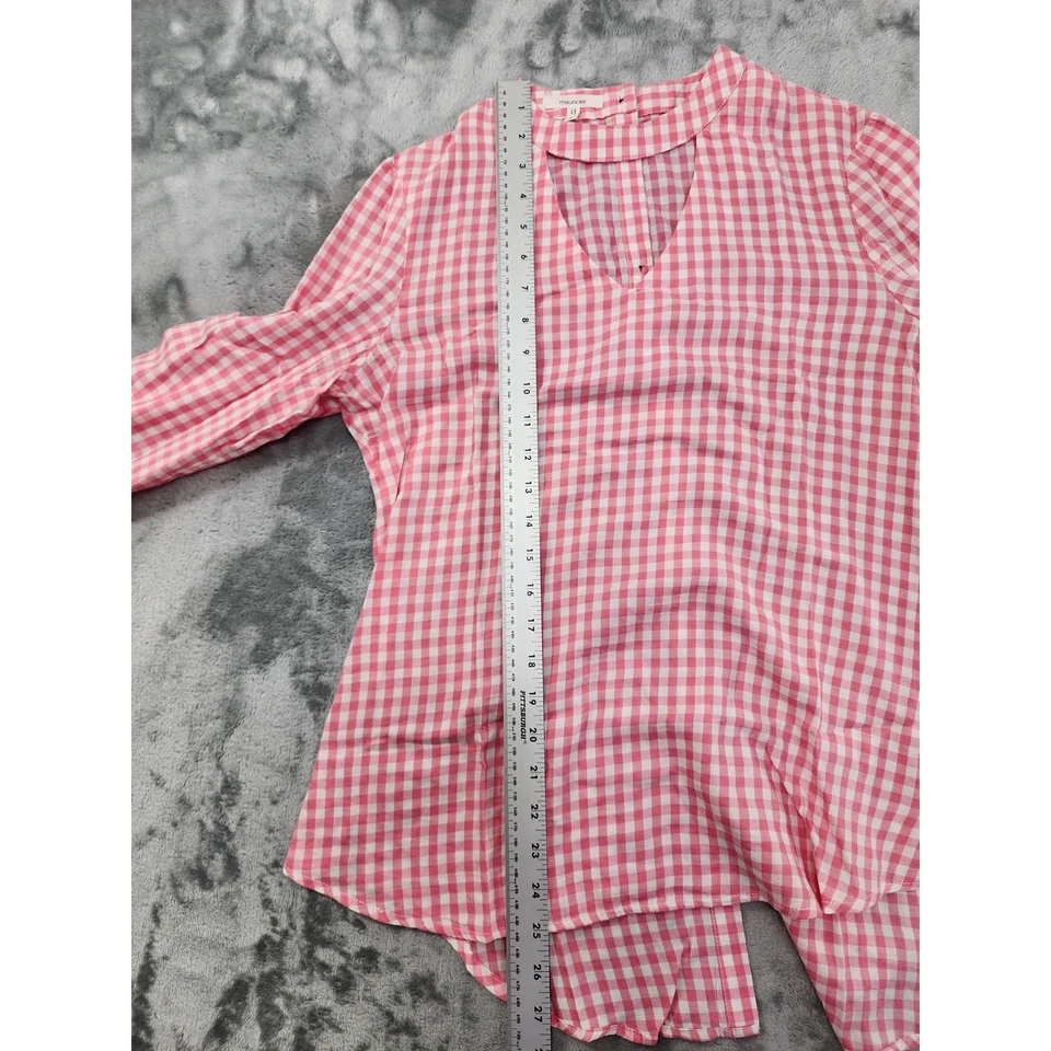 Top Maurices Gingham Recorte Cuello en V Manga Larga S Rosa Blanco Botón Espalda Algodón Foto 4 de 4