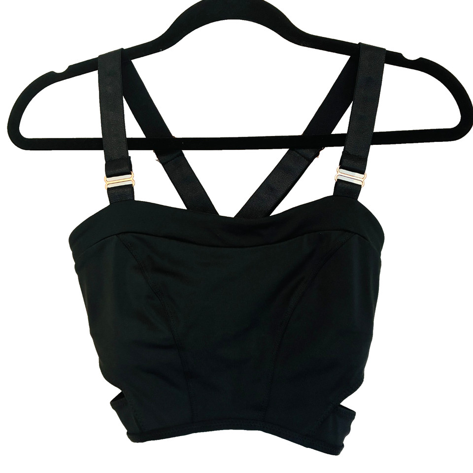 L'URV Crop top Sports Bra Black Racer Back Cut Out Rose gold accents EUC Size S