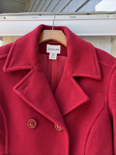 ST John’s Bay Red Wool Blend Pea Coat Lined Pockets Double Breasted WM SZ MP - Picture 3 of 13