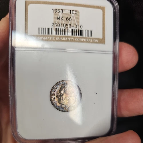 1958-D TONED SILVER ROOSEVELT DIME NGC MS66 NICE TONING