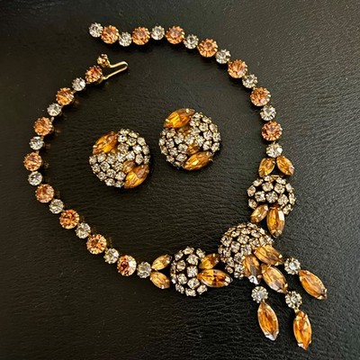 Vintage Kramer Tiered Topaz Honey Amber Rhinestone Necklace & Earrings Demi Set