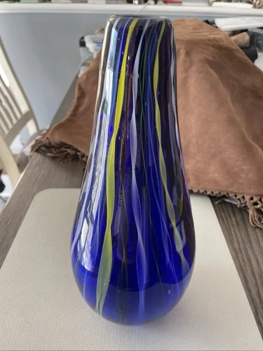 12” Handblown Murano-style Art Glass Vase Featuring A Multi-colored Swirl Heavy