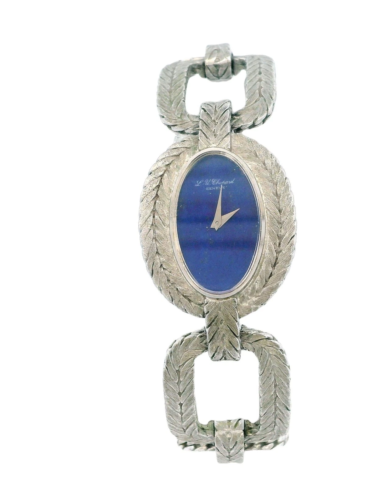 Chopard — Chopard 18K White Gold Oval Lapis Dia Herringbone Link Bracelet Watch