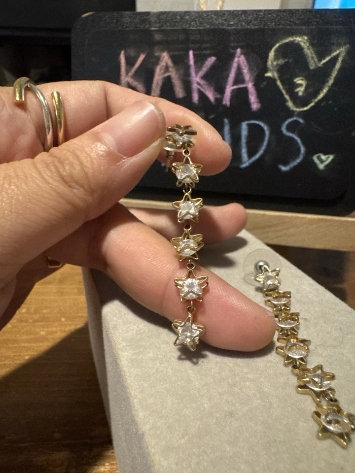 Gold Star Drop Earrings – Crystal Rhinestone Dangle Chain Design - Image 2 of 2