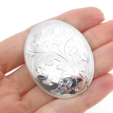 925 Sterling Silver Antique Siam Engraved Floral Oval Dome Pin Brooch