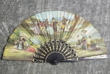 Beautiful Vintage 17" Decorative Silk Ladies' Hand Folding Fan -  Colonial Scene