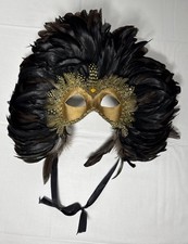 Dramatic Venetian Feather Mask Black  Gold Masquerade Costume Decor New