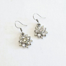 Rhinestone Floral Dangle Earrings Sparkly Silvertone Flower Party Feminine NEW