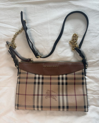 Burberry Haymarket Check Zip Crossbody Bag Beige/Brown, Detachable Chain Strap