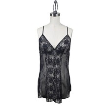 Fredericks of Hollywood Babydoll Gown Lingerie sz M Black Sheer Chiffon Lace