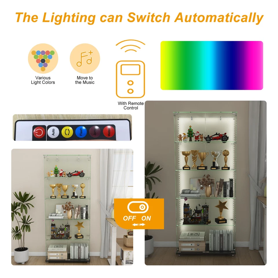 Vitrine de vidro 5 camadas com 5 modos LED dinâmicos, portas duplas e fixo - Imagem 3 de 4