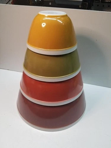 Vtg 1960's - 4 pc. Pyrex AMERICANA Fall Colored - Banded Nesting Bowl Set - MINT