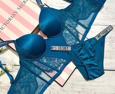 Victoria's Secret Shine Strap Logo Push-Up Corset Bikini Set Blue