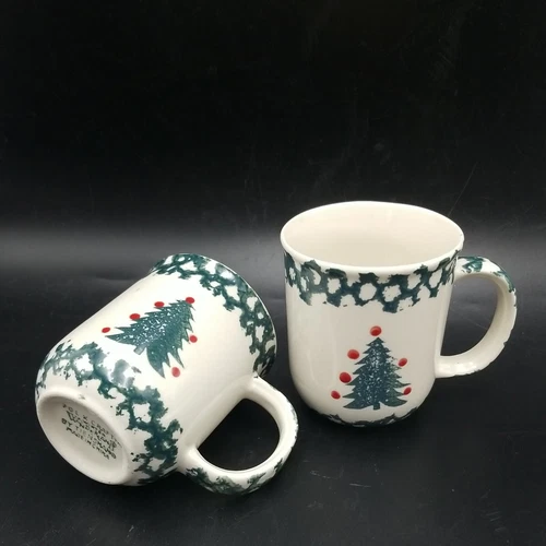 Set/2 TIENSHAN Folk Craft 10 fl. oz. Mugs WINTER WONDERLAND Green Sponge Design