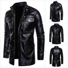 Men's Faux Leather Motor Jacket Slim Fit Biker Coat Stand Collar Top Casual OL