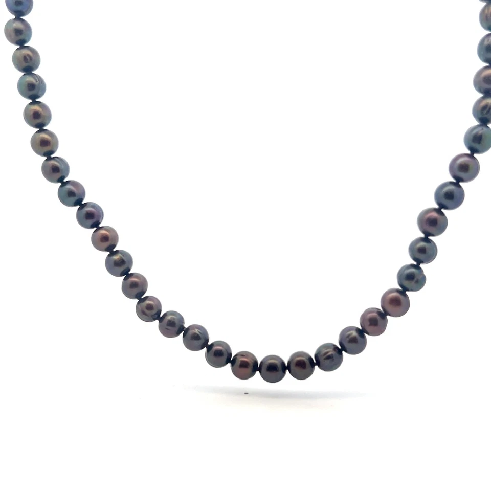 8.0-9.mm Original Cultivada Teñido Pavo Real Forma Anillo Perla 14K Oro Collar - Imagen 3 de 4