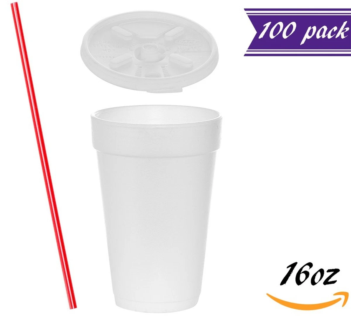 100 Sets) 16 oz White Foam Cups with Lift'n'Lock Lids and BONUS Stirrers