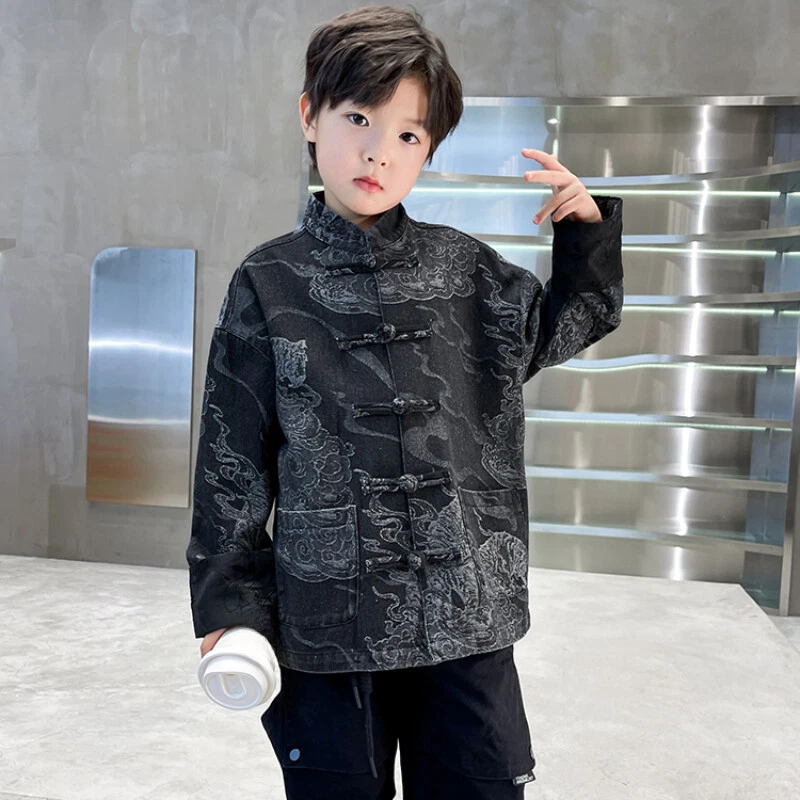 Kids Boys Denim Top Shirt Coat Ethnic Jacket Retro Frog Button Dragon Tang Suit  - Image 3 of 4