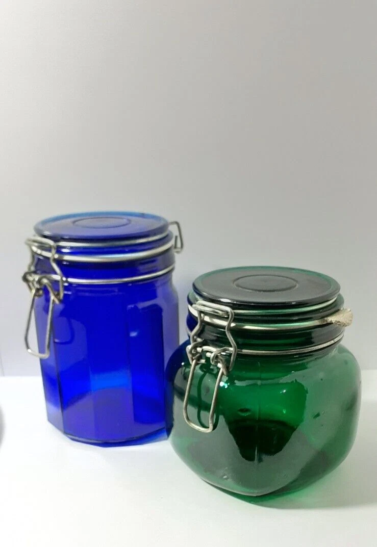 Vintage Green & Blue Glass Canister Jars with Wire Bail Hinged Lid Set Of 2