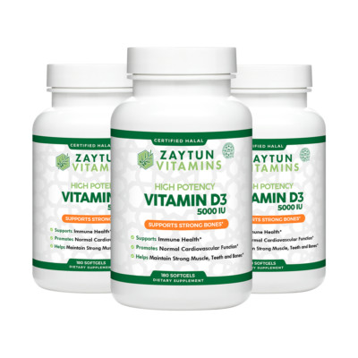 Zaytun Vitamins Halal Vitamin D3 5000IU Support Bone Health 3-Pack 540 Softgels