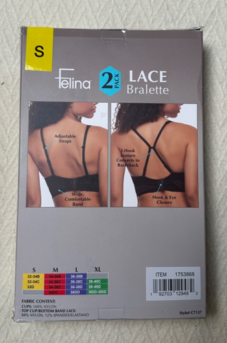 Felina Ladies' Lace Bralette 2-Pack, Black/White Small - Picture 2 of 5