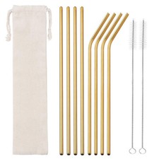 8x Stainless Steel Gold Reusable Extra Long 26cm Drinking Straw +2 Brush + Pouch