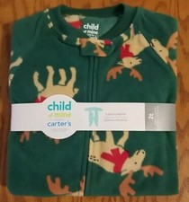 1 Pc Foot Pajamas Zip Up Sleeper Green Fleece With Reindeer 2T Carter's