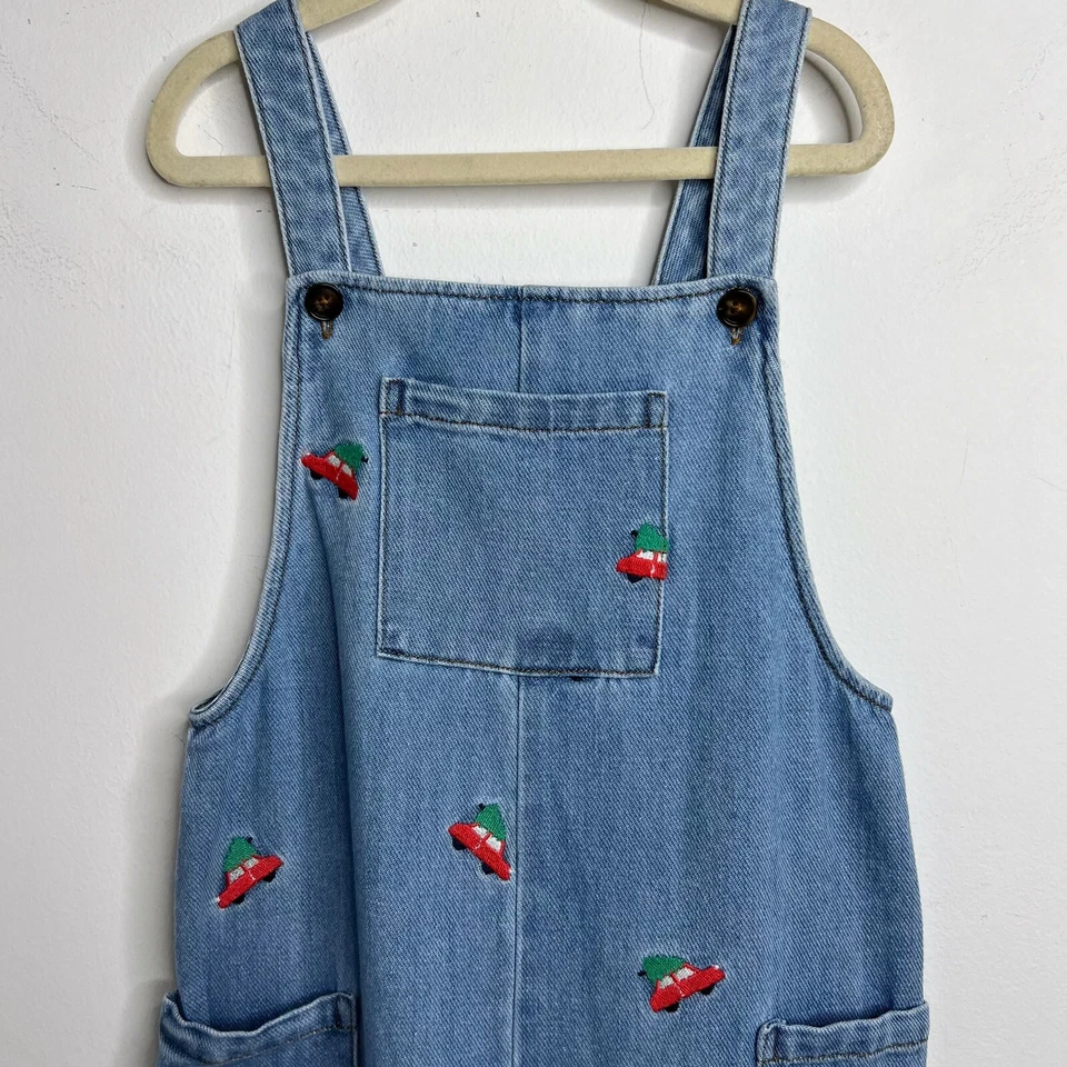 Mini Boden Red Festive Car Embroidered Denim Overalls Size 6-7Y Christmas Trees - Image 3 of 4