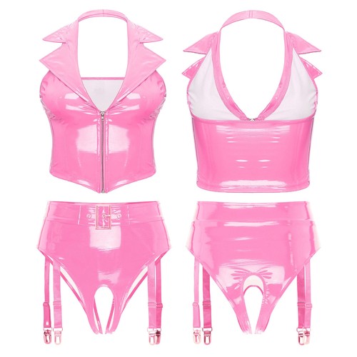 UK Women Shiny Leather Deep V Vest Crop Top Open Crotch Galter Belt Briefs Sexy - Picture 22 of 45