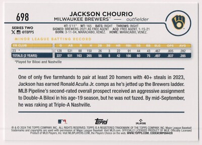 Jackson Chourio 2024 Topps SP Rookie Variation RC #698 Milwaukee
