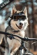 Siberian Husky with goggles riding a mountain bike ar4x6 Print