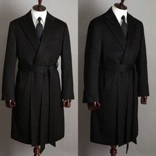 Men Long Overcoats Tweed Wool Blend Jacket with Belt Coats Formal Peak Lapel