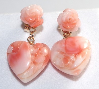 14K Carved Rose Coral Studs & 2-Sided Angel Skin Coral Heart Drop Jacket