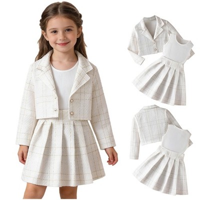 Girls Set Lapel Suit Formal Outfit Plaid Casual Banquet Stylish Blazer Ceremony