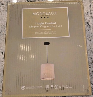 Monteaux Lighting 10in 1-Light Black Drum Pendant Light Fixture with Linen Shade